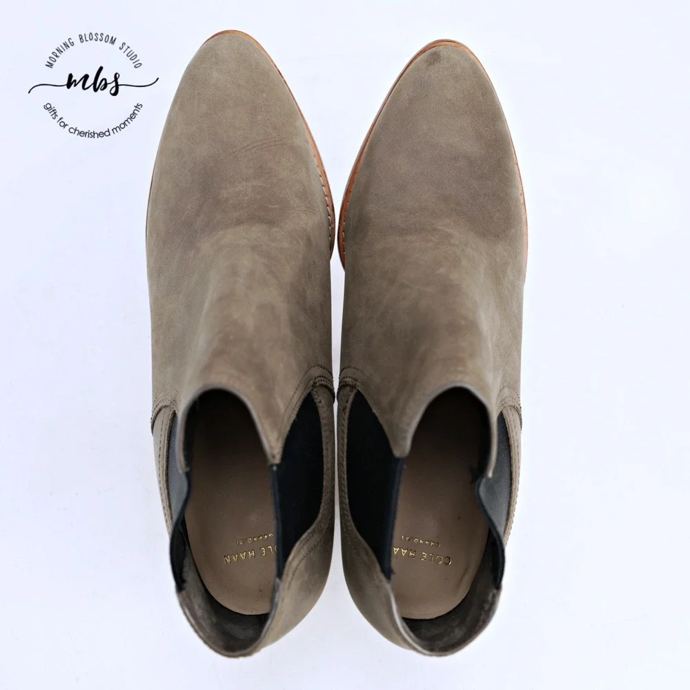 Cole Haan Balthasar Leather Stacked Wedge Booties Gray Tan‎ Women 10